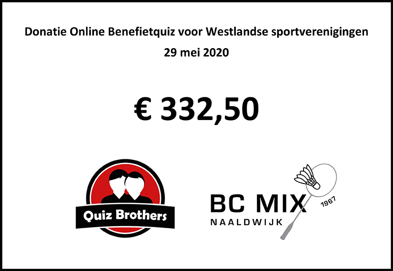 Donatie Online Benefietquiz voor Westlandse sportverenigingen: € 332,50